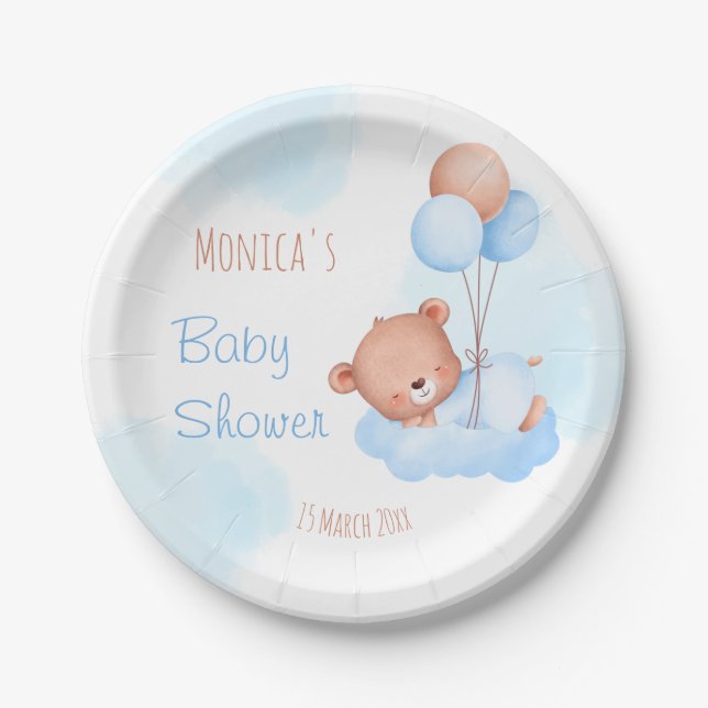 Pastel blue teddy bear watercolor baby shower   paper plate (Front)