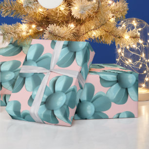 Pastel Blue Vintage Daisy MOD Flower Wedding Pink Wrapping Paper