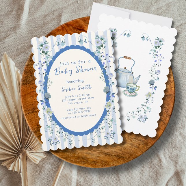 Pastel Blue Vintage Striped Garden  Baby Shower Invitation (Creator Uploaded)