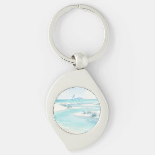 pastel blue watercolor beach waves name editable c key ring