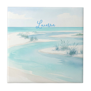 pastel blue watercolor beach waves name editable c tile