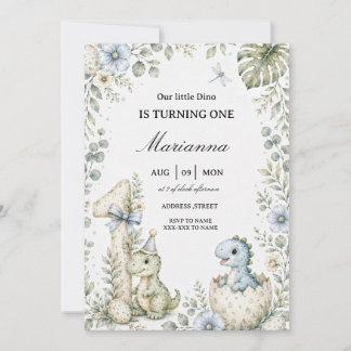 Pastel blue Watercolor Dinosaur 1st Birthday Invitation