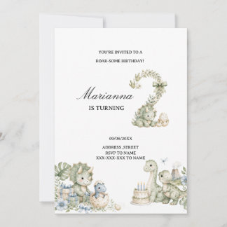 Pastel blue Watercolor Dinosaur 2nd Birthday Invitation