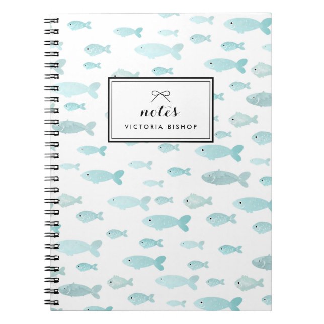 Pastel Blue Watercolor Fish Pattern Personalised Notebook (Front)