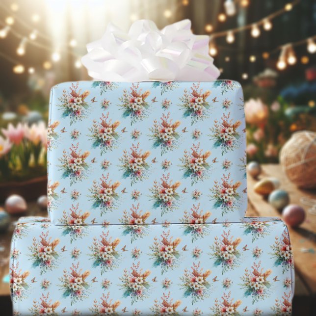 Pastel Blue Watercolor Floral Cross Easter  Wrapping Paper (Creator Uploaded)