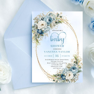 Pastel Blue Watercolor Flowers Gold Baby Shower  Invitation
