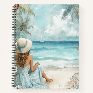 PASTEL BLUE WATERCOLOR GIRL ON THE BEACH SCENE NOTEBOOK