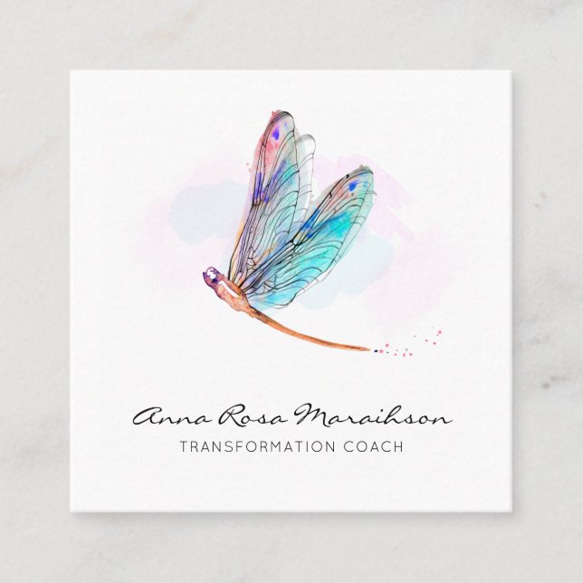 *~* Pastel Blue Watercolor Pink Dragonfly Business Square Business Card (Front)