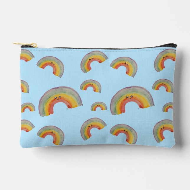 Pastel Blue Watercolor Rainbow Pencil Case Accessory Pouch (Front)