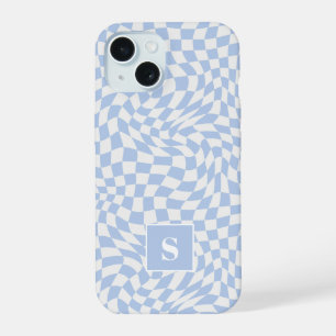 Pastel Blue Wavy Chequered Monogrammed iPhone 15 Case