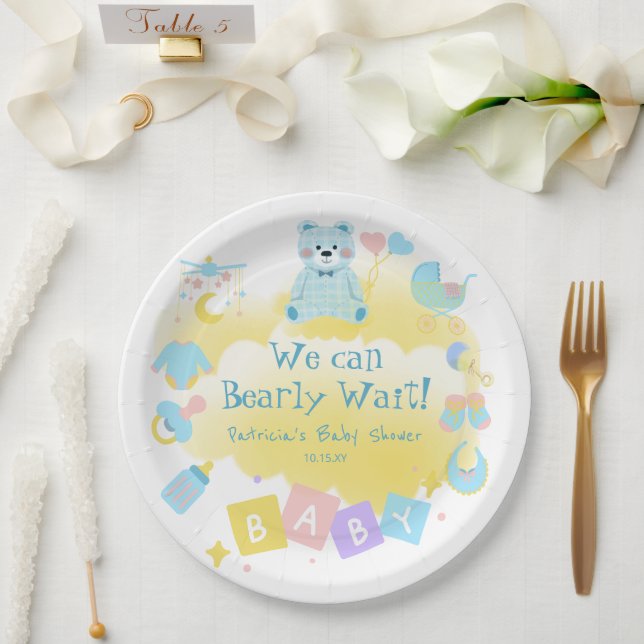 Pastel Blue We Can Bearly Wait Cute Baby Shower Paper Plate (Wedding)