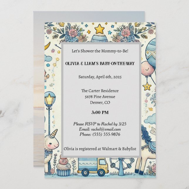 Pastel Blue Whimsical Baby Shower Invitation (Front/Back)