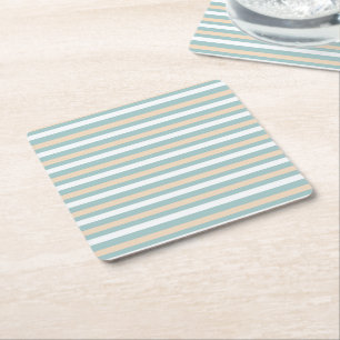 Pastel blue, white and blush stripes square paper coaster