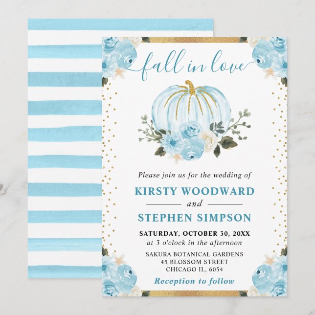 Pastel Blue & White Floral Pumpkins Fall Wedding Invitation (Front/Back)