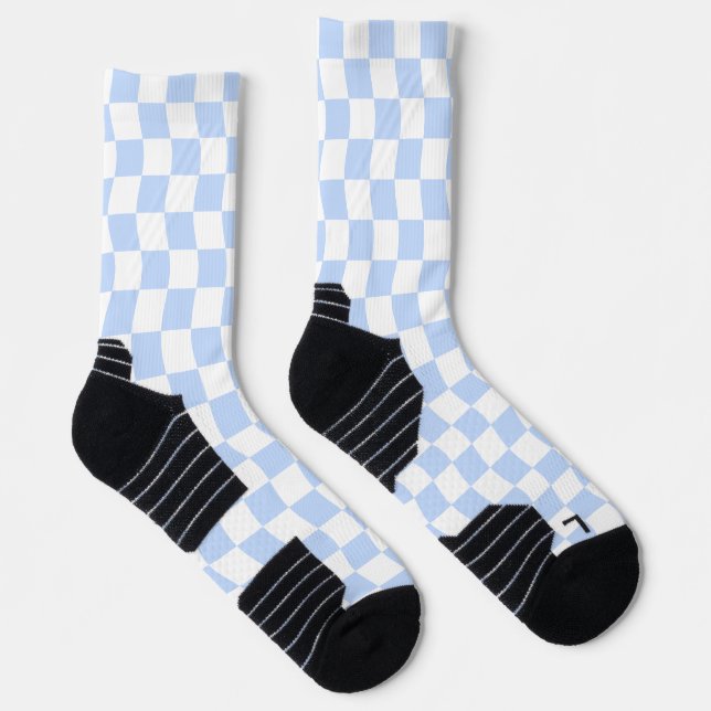 Pastel Blue White Retro Checkerboard Pattern Socks (Right)