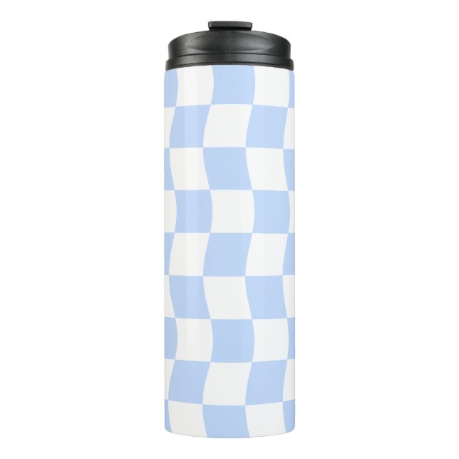 Pastel Blue White Retro Checkerboard Pattern Thermal Tumbler (Front)