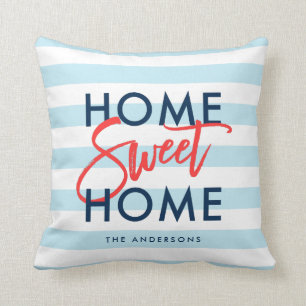 Pastel Blue White Stripes Home Sweet Home Cushion