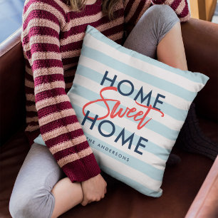 Pastel Blue White Stripes Home Sweet Home Cushion