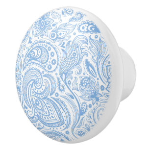 Pastel Blue & White Vintage Floral Paisley Pattern Ceramic Knob