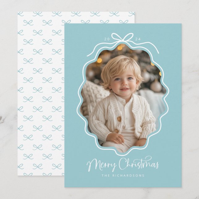 Pastel Blue White Wavy Retro Photo Holiday Card (Front/Back)