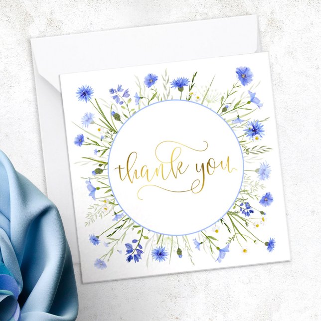 Pastel Blue Wildflower Gold Script Thank You Card (Creator Uploaded)