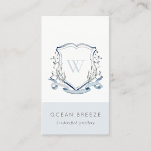 Pastel Blue Wildflower Watercolor Crest Monogram Business Card