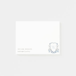 Pastel Blue Wildflower Watercolor Crest Monogram Post-it Notes