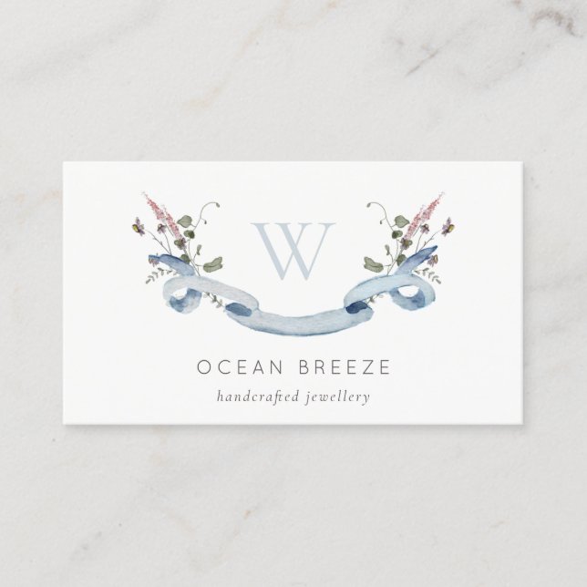 Pastel Blue Wildflower Watercolor Ribbon Monogram Business Card (Front)