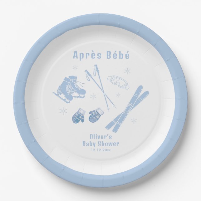 Pastel Blue Winter Après Bébé Ski Boy Baby Shower  Paper Plate (Front)