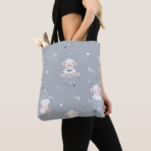 PASTEL BLUE WITH CUTE BABY LAMBS ON CLOUDS TOTE BAG
