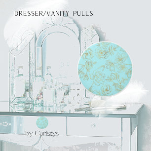 Pastel Blue with Gold Rose Outlines   Ceramic Knob