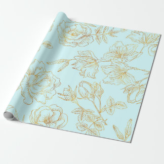 Pastel Blue, with Gold Roses. Wrapping Paper