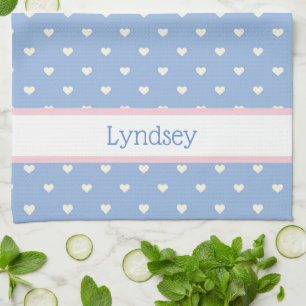 Pastel Blue with White Hearts Personalised Tea Towel