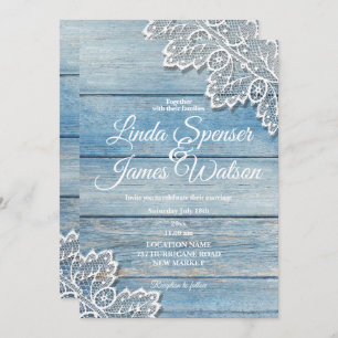 Pastel Blue Wood and White Lace Wedding Invitation