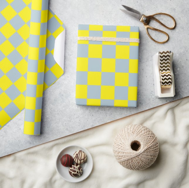 Pastel Blue Yellow Chequered Chequerboard Vintage Wrapping Paper (Crafts)