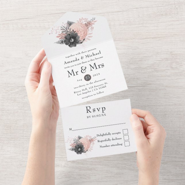 Pastel Blush and Charcoal Floral Rustic Wedding Al All In One Invitation (Tearaway)