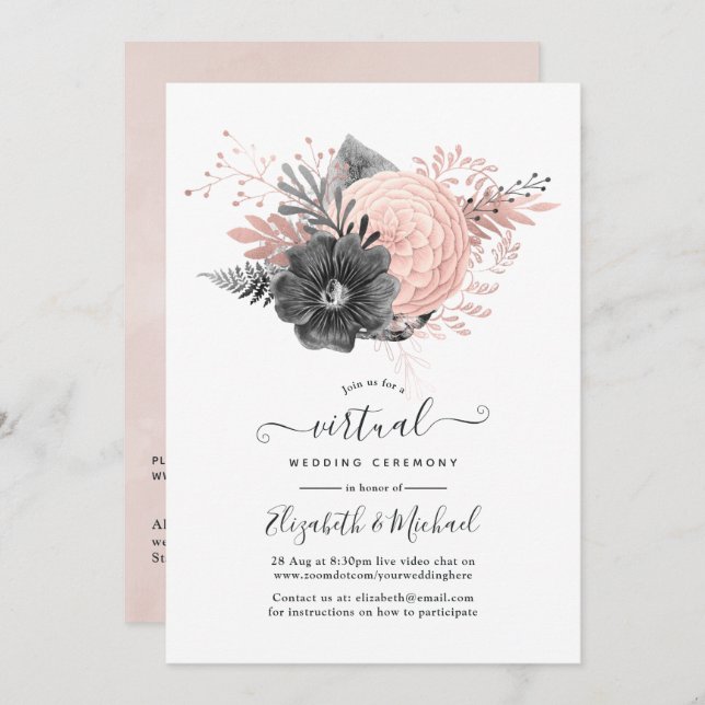 Pastel Blush and Charcoal Floral Virtual Wedding Invitation (Front/Back)
