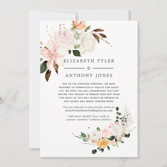 Pastel Blush and Violet Wedding Reduced Guest List Announcement (Front)