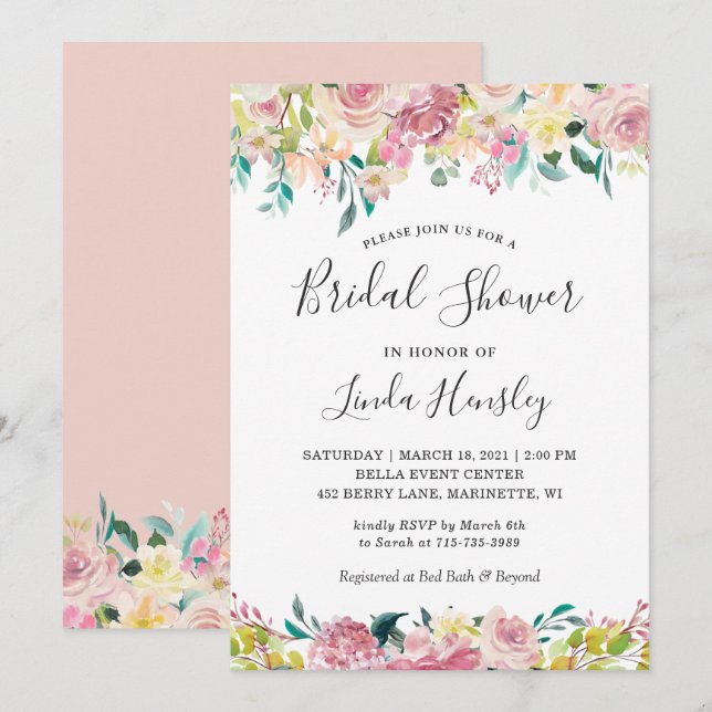Pastel Blush Floral Bridal Shower Invitation (Front/Back)