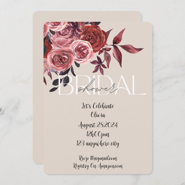 PASTEL BLUSH FLORAL BURGUNDY BRIDAL SHOWER  INVITATION (Front/Back)