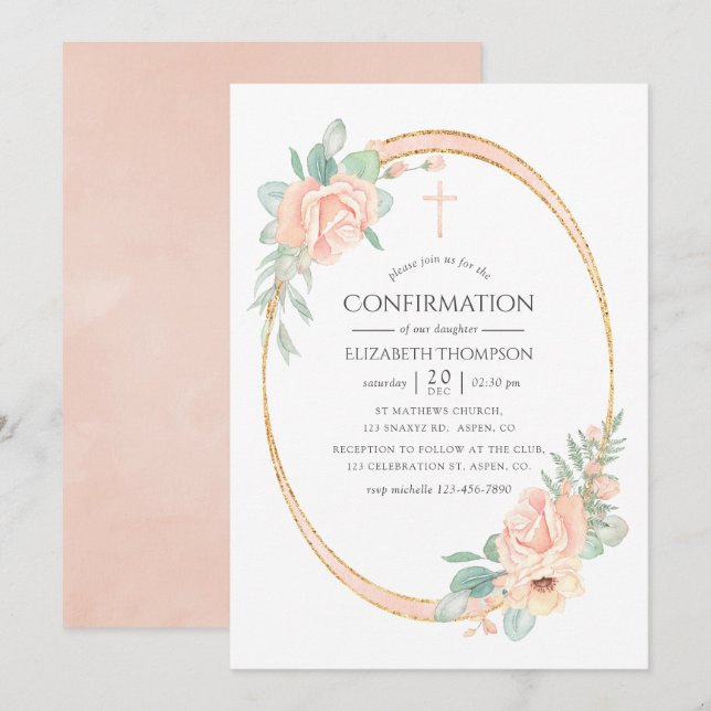 Pastel Blush Floral Geometric Confirmation Invitation (Front/Back)