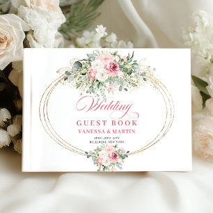 Pastel blush floral gold greenery modern wedding guest book