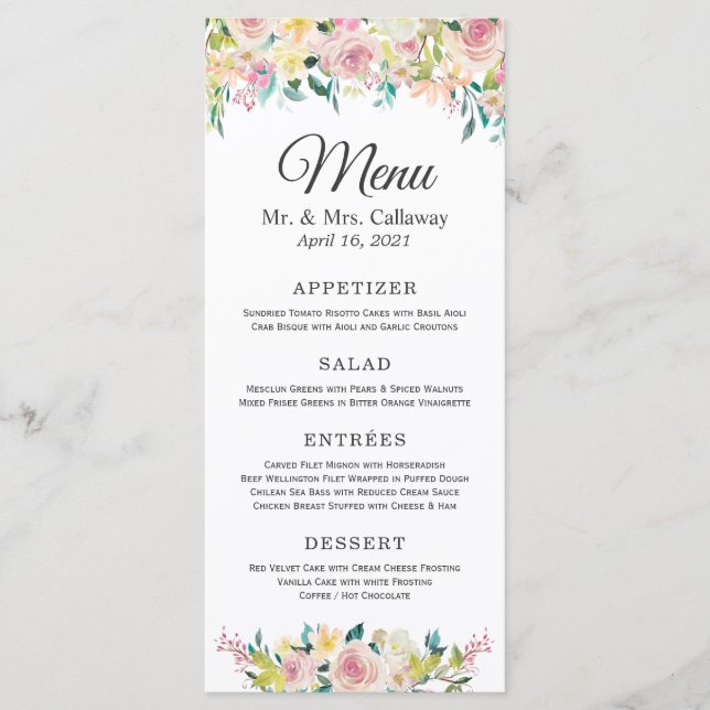 Pastel Blush Floral Wedding Menu (Front)