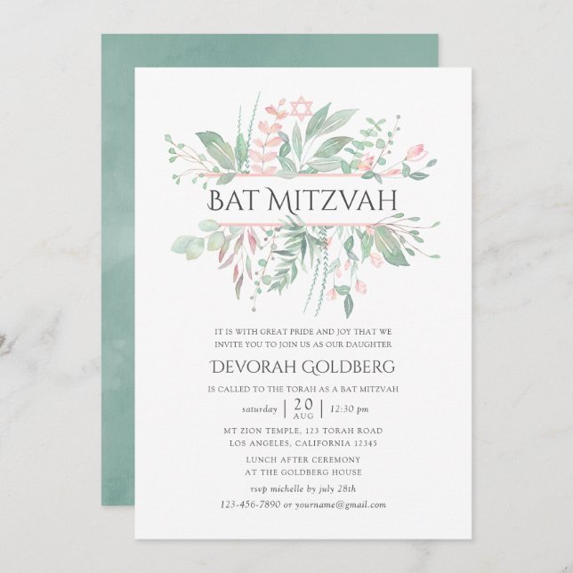 Pastel Blush Greenery Bat Mitzvah Invitation (Front/Back)