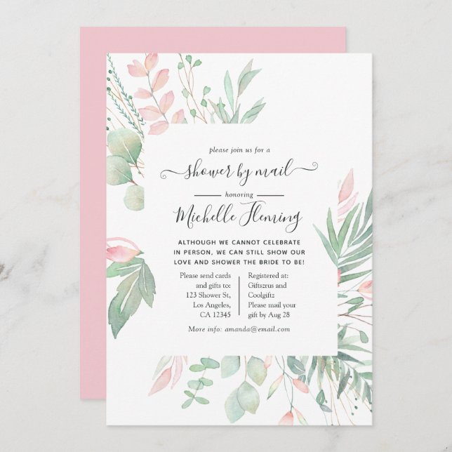 Pastel Blush Greenery Bridal Shower by Mail Invitation (Front/Back)