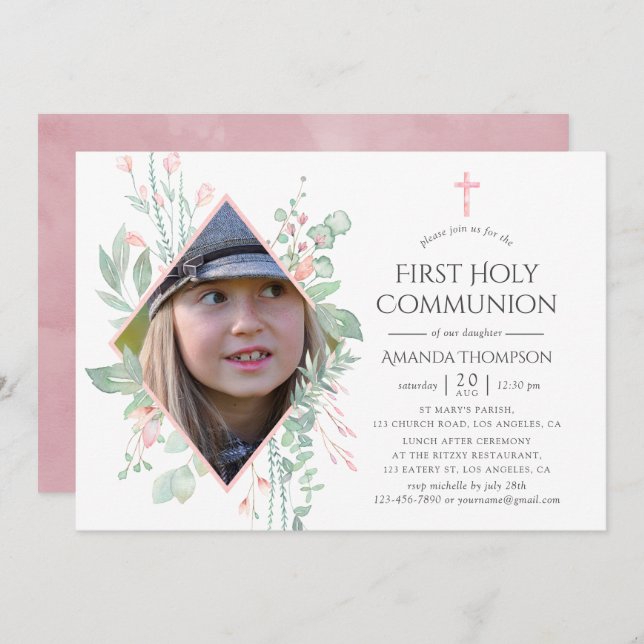 Pastel Blush Greenery First Holy Communion Invitation (Front/Back)