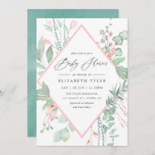 Pastel Blush Greenery Geometric Baby Shower Invitation