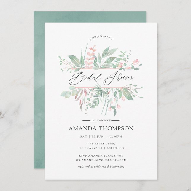 Pastel Blush Greenery Geometric Bridal Shower Invitation (Front/Back)
