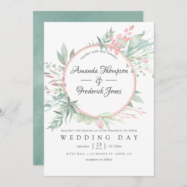 Pastel Blush Greenery Geometric Wedding Invitation (Front/Back)