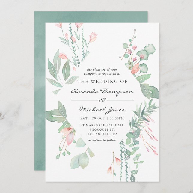 Pastel Blush Greenery Wedding Invitation (Front/Back)